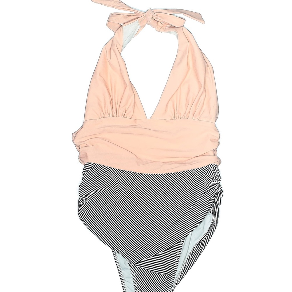 Peach and Black Striped Halter Swimsuit